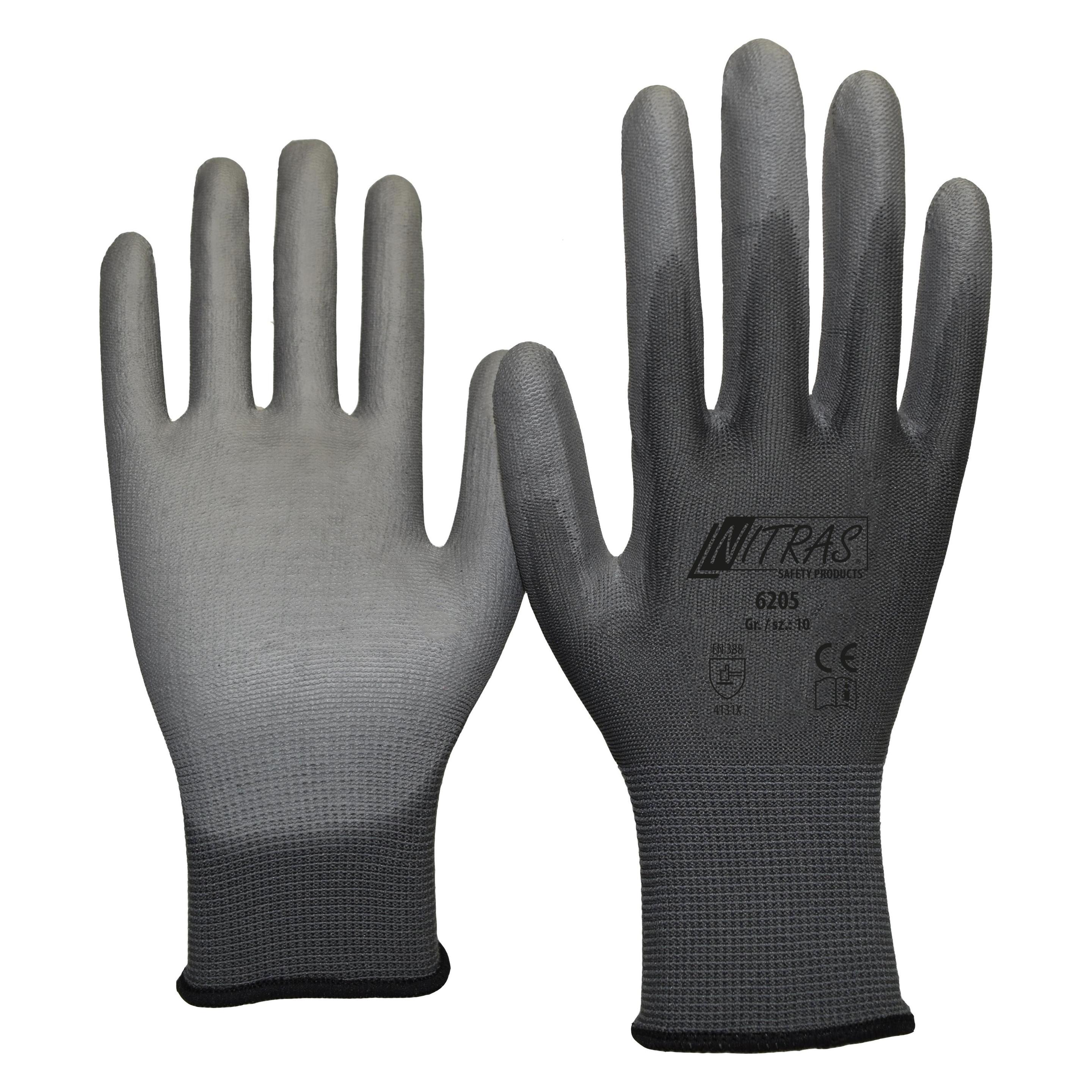 Nitras Nylonhandschuhe, grau, PU-Beschichtung, grau (Farbcode: 1200), teilbeschichtet auf Innenhand (9) (6205-09)