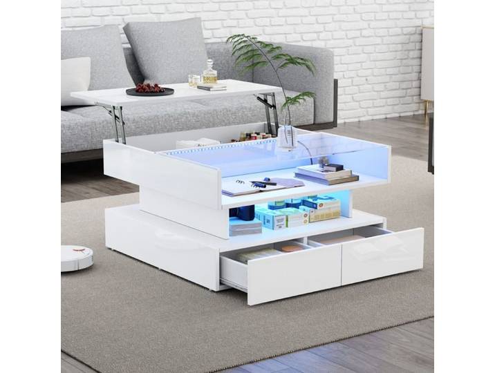 Table Basse Relevable - MODERNLUXE - 80x80x45 cm - LED - 2 Tiroirs - Blanc Brillant