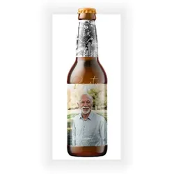 Einladungskarte 80. Geburtstag: Bierflasche mit Fotos in Blau