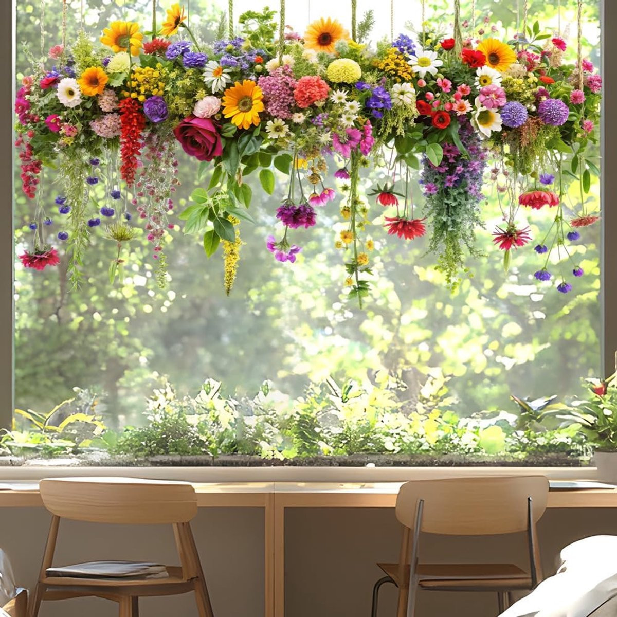SNQ Raamsticker Bloem Boeket - Kleurrijke Zonwerende Raamfolie met Bloemmotief - Verwijderbare en Herbruikbare Raamdecoratie voor Keuken, Badkamer en Kantoor