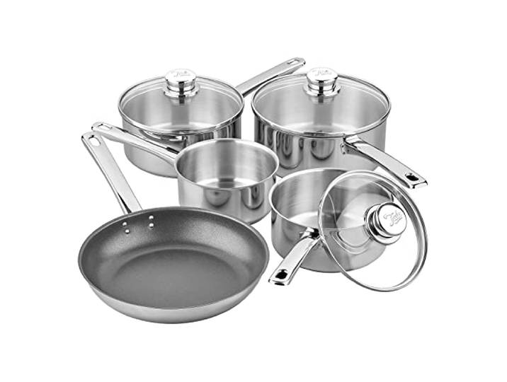 Tala Performance 5 Teiliges Edelstahl Kochgeschirr Set mit Glasdeckeln und Bratpfanne für tägliche Gerichte Geeignet für Induktion und alle anderen Herdarten