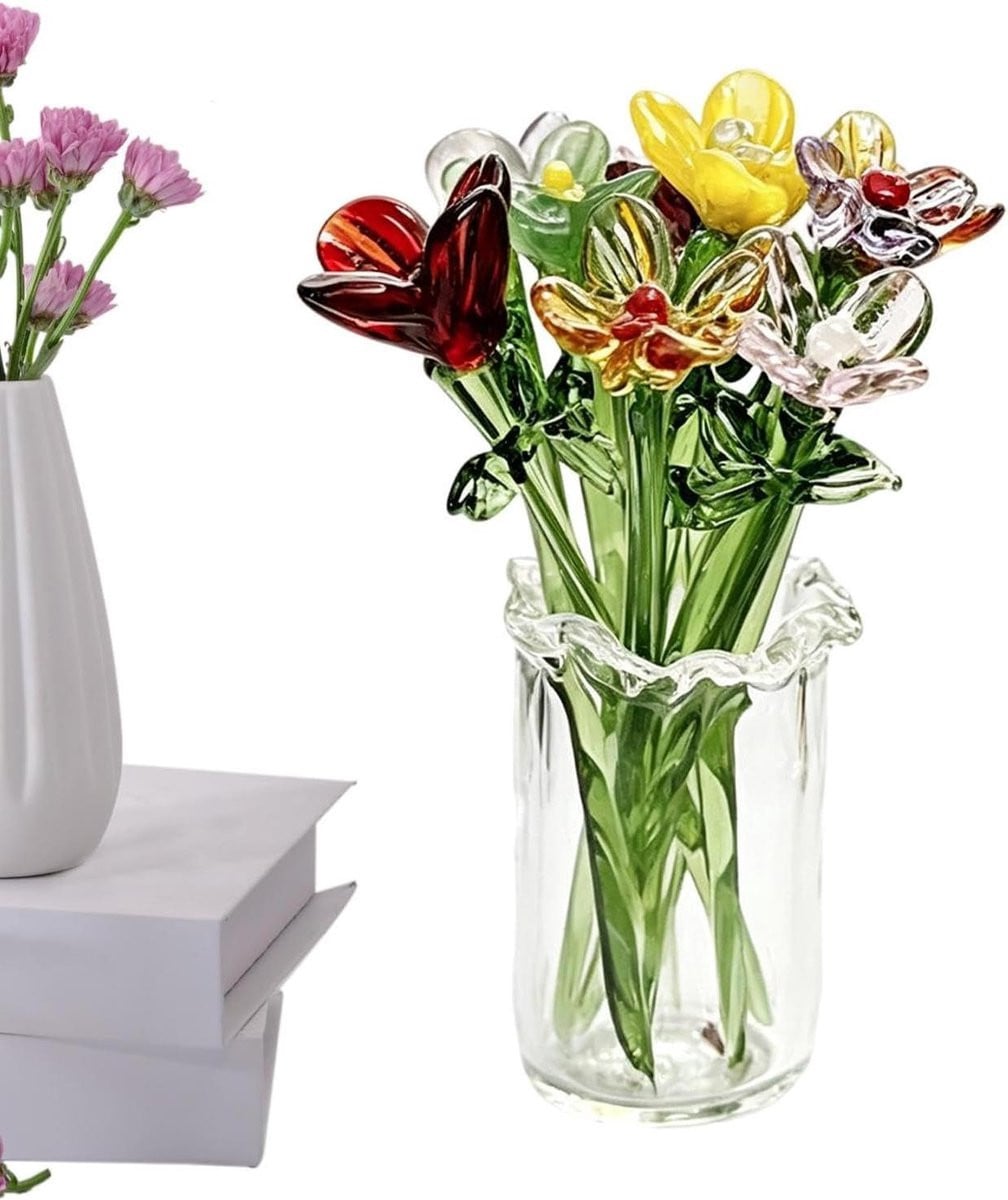 Set van 11 handgeblazen glazen bloemen in multicolor als bureau decoratie