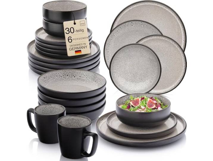 SÄNGER Luxor Steingut Geschirrset 6 Personen Teller Set 30tlg Beige Braun Handmade Geschirr Set, Kombiservice: Teller, Kaffeebecher, Müslischalen & Pastateller, spülmaschinen- & mikrowellengeeignet