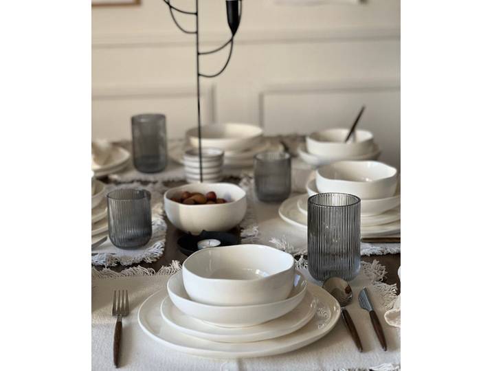 Zoha Teller-Set Perlemor weiß - Skandinavisches Design, Teller Set spülmaschinenfest (48-tlg), 6 Personen, Hochwertiges Steingut, Mikrowellenfestes & Kratzbeständiges Geschirrset für Zuhause & Events