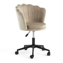 RATTATAN 360° drehbarer Stuhl aus Samt mit Muschel-Rückenlehne, höhenverstellbar, Metallgestell und Rollen für Büro, Arbeitszimmer, Schlafzimmer – Polly/Beige