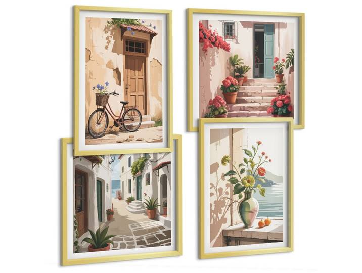 BILDER SET 4er Set - 50x50 cm & 40x60 cm Goldrahmen - Straßenblumen, Fahrrad bemalt