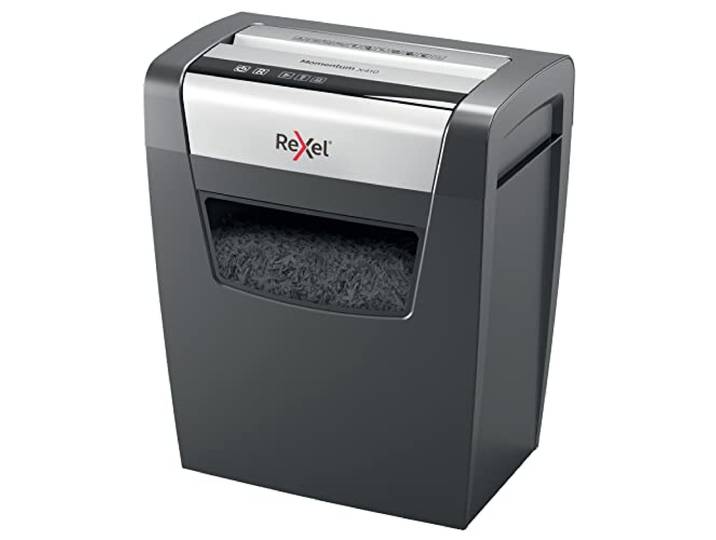 Rexel Aktenvernichter Momentum X410, Partikelschnitt, 11-10 Blatt A4 (70-80 g/m²) Kapazität, Sicherheitsstufe P4, 23L Abfallbehälter, Schredder, schwarz, 2104571EU