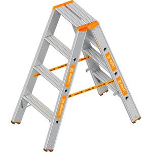 Layher Stehleiter Topic 1043, beidseitig begehbar, Schwerlastleiter aus Aluminium, bis 250kg, mit 2 x 4 Stufen