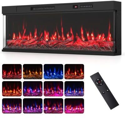"Costway 24/40/50/60 Inch 3-Sided Built-in Electric Fireplace Insert with 12 Flame Colors-50"""