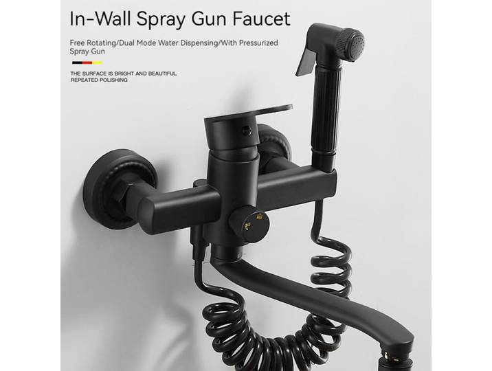 Robinet de cuisine noir Becola pour évier de lavage, lavabo, évier de balcon, évier de buanderie, double trou, encastré, eau chaude et froide avec pistolet pulvérisateur