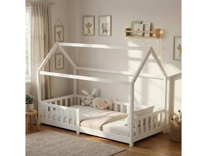 ecomi® Kinderbett 90x200 Bodenbett Kinder Bett Hausbett mit Rausfallschutz und Lattenrost für Kinder Kinderbetten für Mädchen und Jungen Massivholz Kiefer in Weiß