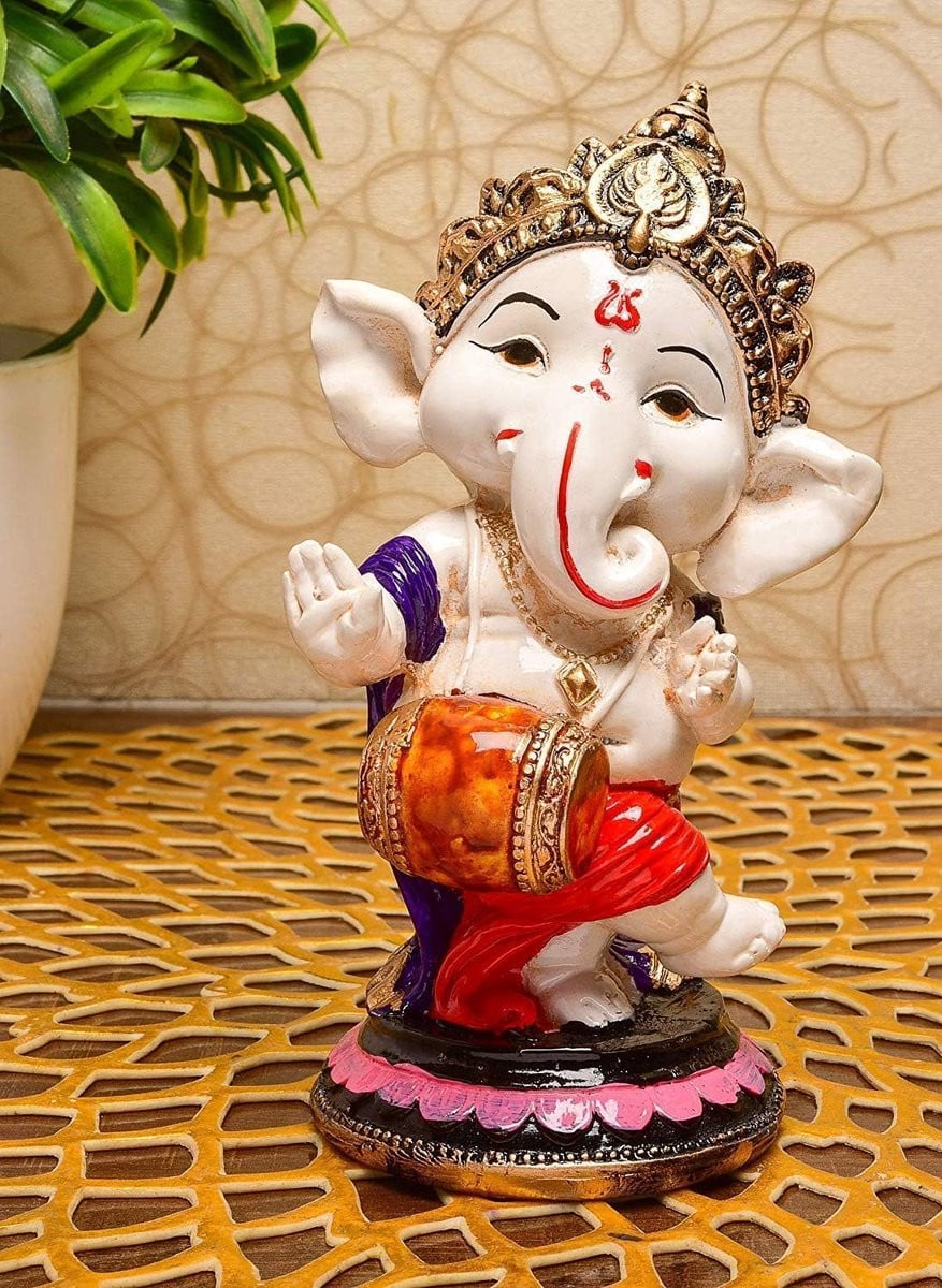 Ganesh Beeldje Handgemaakt Decoratie Blauw Oranje Hoogte: 15 cm