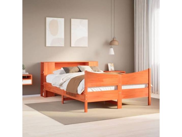 Massivholz Kiefernholz Stauraum Kopfteil Bettgestell Braun 140x190 cm Massivholzbett ohne Matratze Wachsbraun 140x190 Kiefernholz Bettgestell mit Stauraum Kopfteil Ablagen Platzsparend