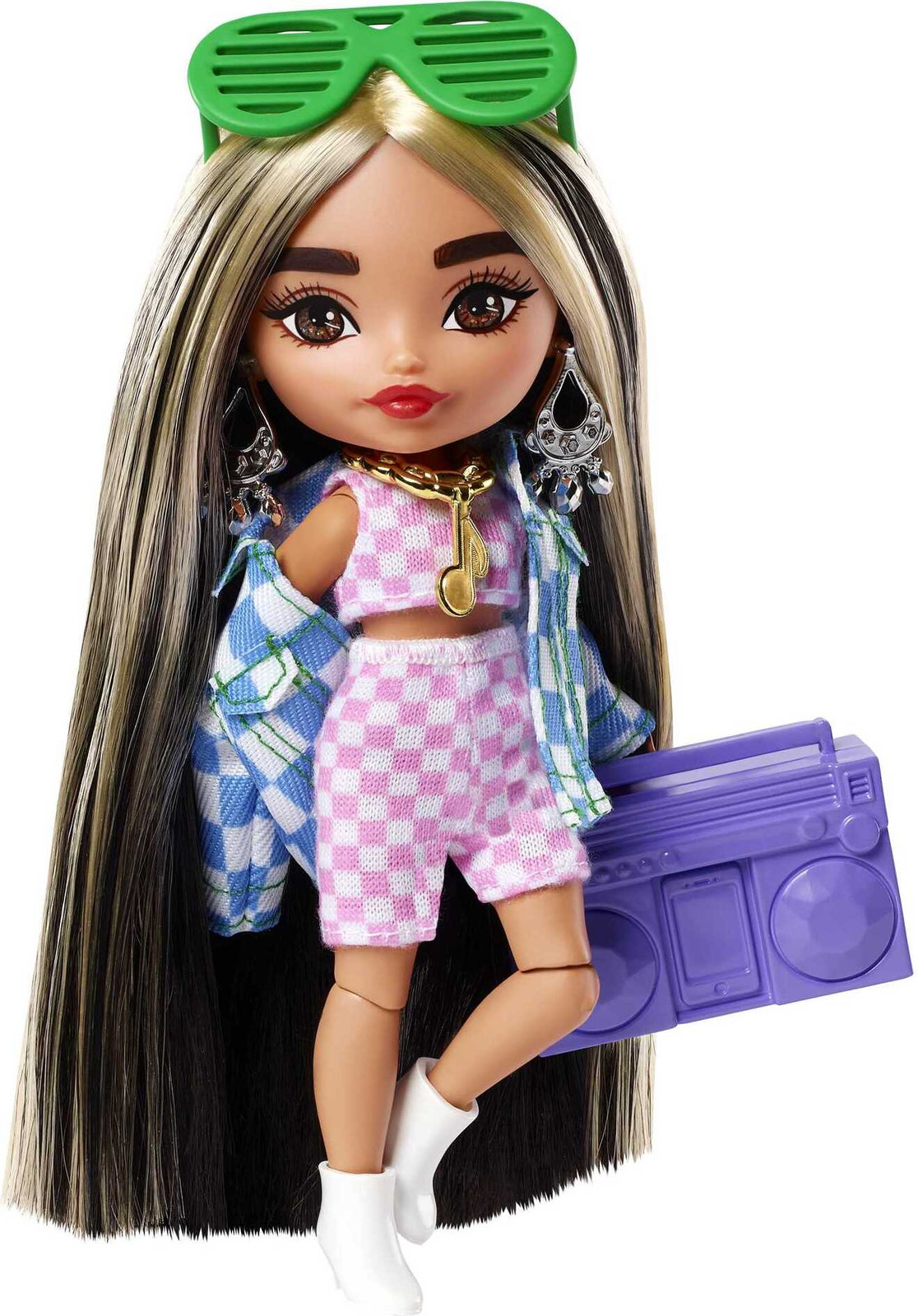 Barbie Extra Minis-pop #2 met kleding, accessoires en poppenstandaard, 14 cm