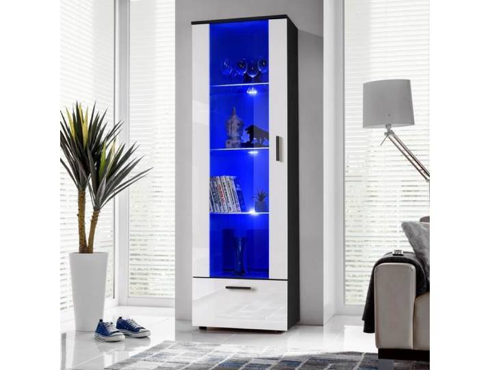 Vitrine Armoire Alessandria Komodee - LED bleues - Blanc Brillant et Noir - Facades en Brillant - 60 x 192 x 42 cm
