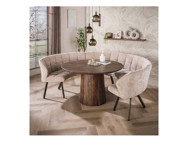 Vintagehaus Sitzbank Esstischbank Polsterbank Raster Rund Strukturstoff Sand braune Beine