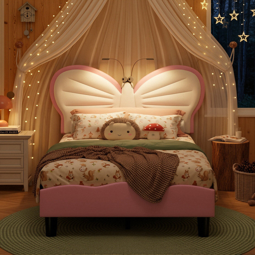 Canora Grey Kids Upholstery Butterfly Bed, Mixed Velvet & PU Leather Headboard With LED Antennae Lights & Adjustable Height, UK & EU Single (90X190/200cm) Pink Small Double (4')