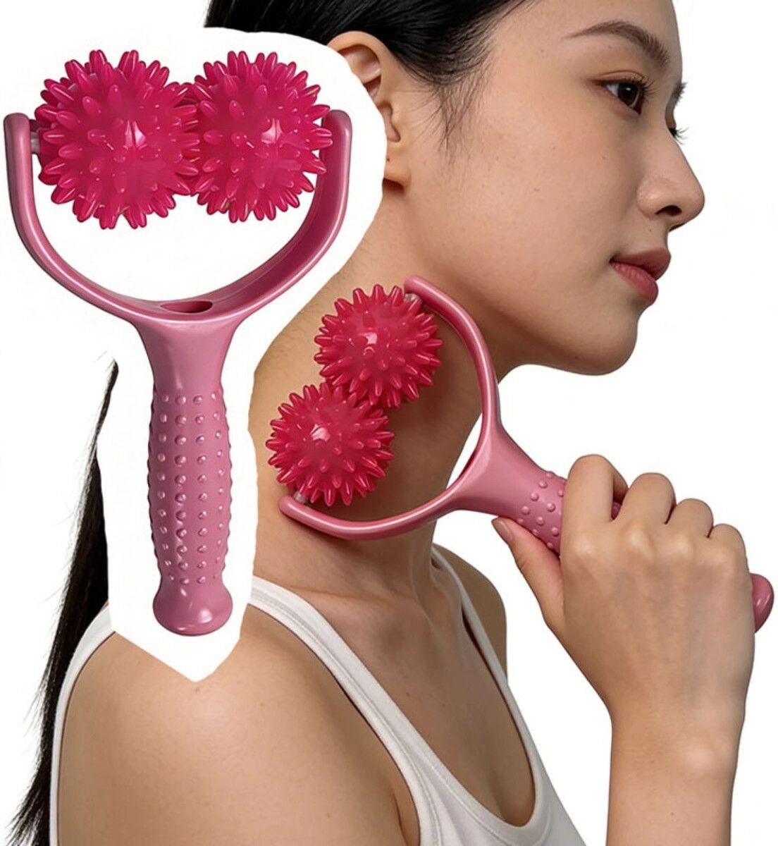 INF Bâton de massage manuel avec balle à picots et accessoires tête double en Y - Soulagement musculaire profond, affinage des Rose