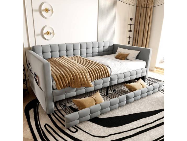 Lit banquette rembourré 90x190 – Velours gris clair doux au toucher