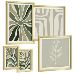 BILDER SET 5er Set - 50x50 cm & 20x30 cm & 40x60 cm Goldrahmen - Pflanzenmuster grüner Minimalismus