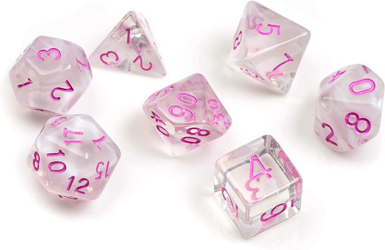 Sirius Dice Polyhedral Dice: White Cloud ; Pink Ink Set, 7 Polyhedral Dice + 1 D20, Tabletop Gaming Accessories