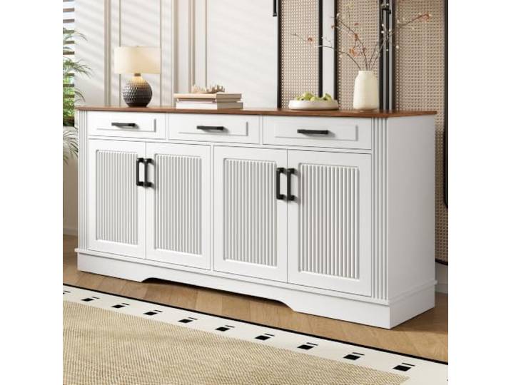 Merax Sideboard 160x40x75 cm, mit 3D-vertikalen Streifen, 3 Schubladen & 4 Türen – für Flur/Wohnzimmer, Weiß