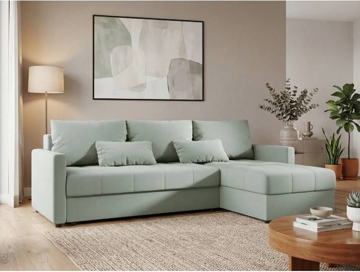Ausziehbares Ecksofa VENORIA 220x143 cm, hellgrün, beidseitig montierbar + 2 Kissen GRATIS