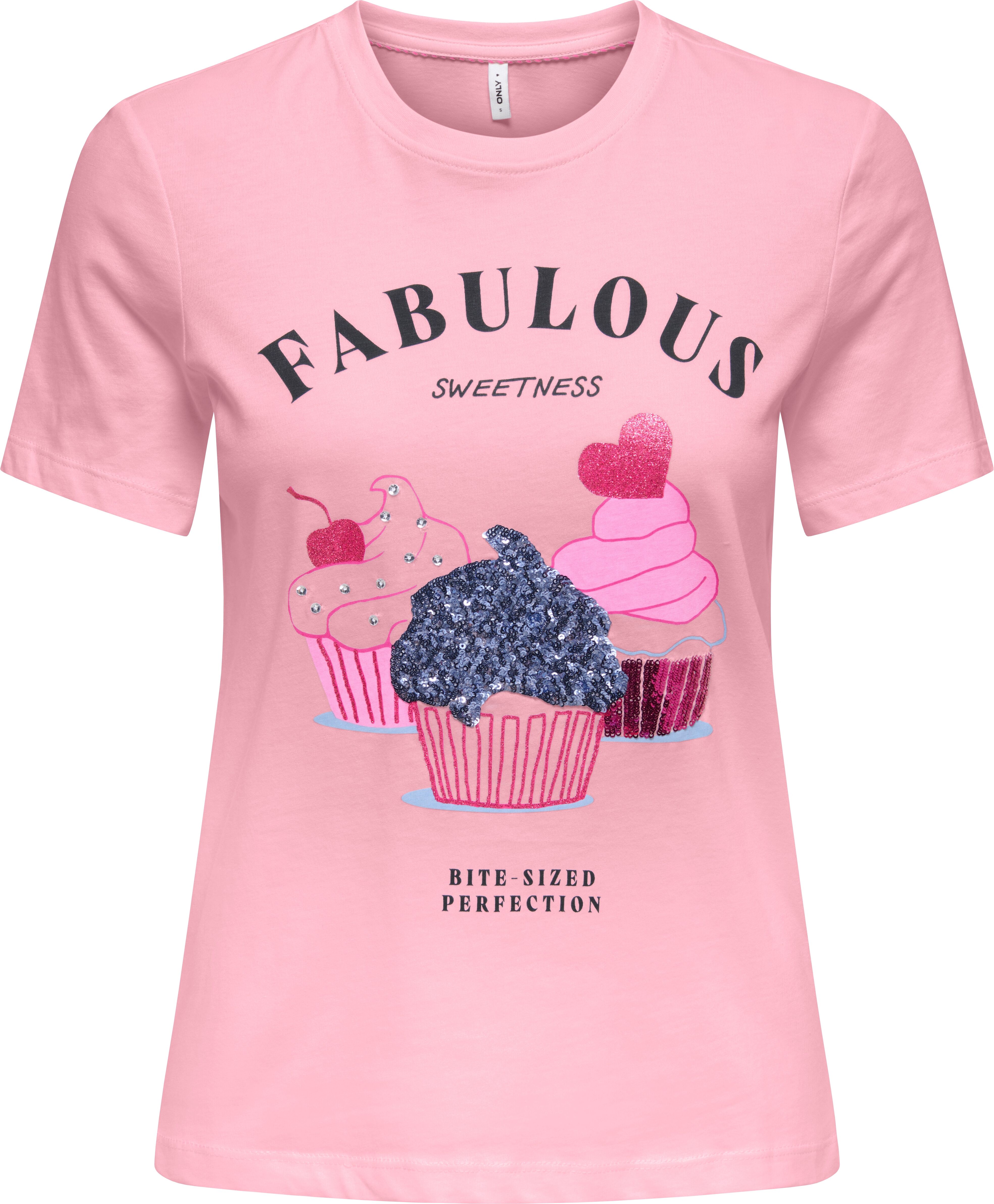 Kurzarmshirt ONLY "ONLKITA LIFE S/S TOP BOX JRS", Damen, Gr. XS, rosa (romance rose print:fabulous muffins), Jersey, Obermaterial: 100% Baumwolle, bedruckt, regular fit normal, Rundhals, Shirts Kurzarmshirt, Baumwolle, regular fit, Rundhals romance rose p