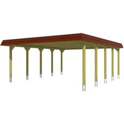 Skan Holz Walmdach Carport-585x741cm-Blende rot-nussbaum Holzcarport