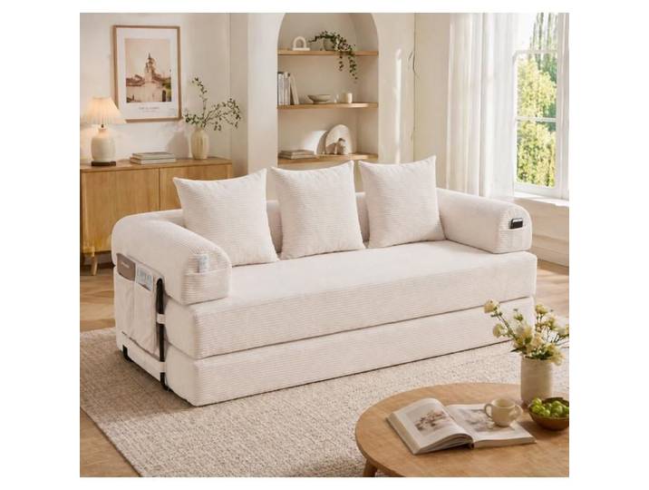 Canapé convertible 3 places Canapé au sol Canapé modulable Canapé compressé en velours côtelé avec cadre en métals beige