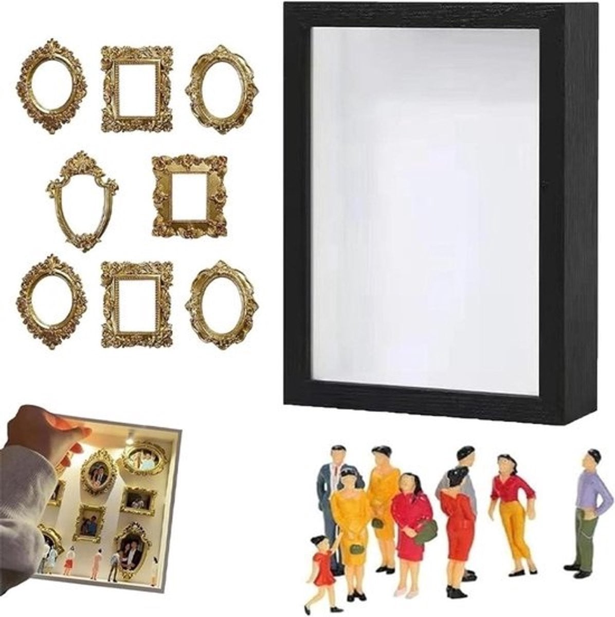 Mini Museum Silhouet Box - Zwarte DIY Herinneringsdoos met Gouden Mini Frames - 25 cm