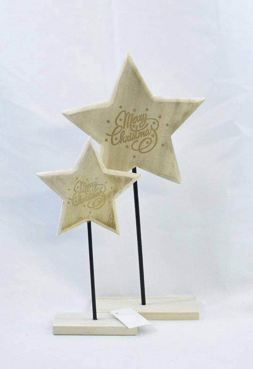 ZoeZo Design Kerstdecoratie Set van 4 Houten Kerststerren met Merry Christmas Tekst