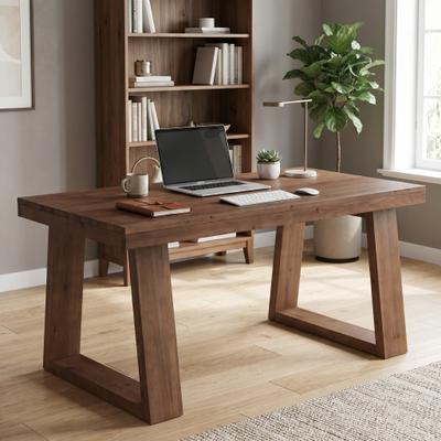 YUZHOU "63"" Farmhouse Solid Wood Executive Desk , Wooden Large Office Computer Desk for Home Office"