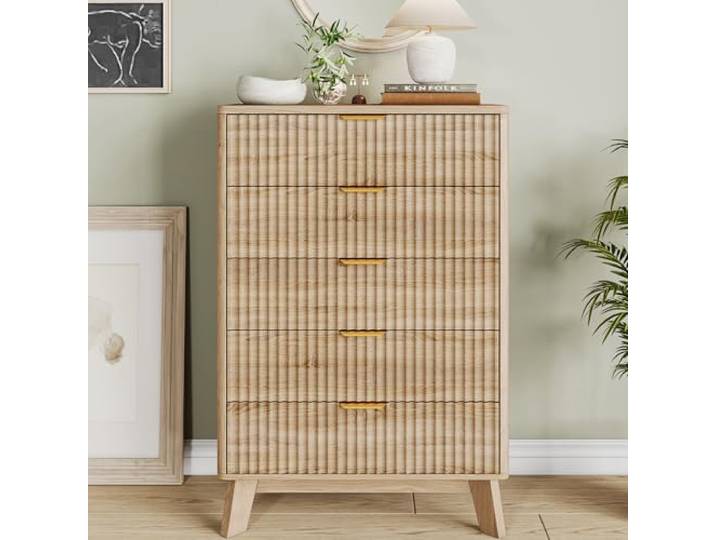 FEEOHOME Holz kommode mit 5 Schublanden, Schmal Kommode mit Kippschutzvorrichtung, Kommode landhausstil für Schlafzimmer, Wohnzimmer, Büro, Natural, 73 x 40 x 110 cm (A)