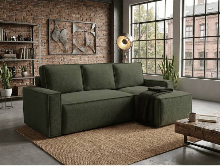 Ausziehbares Ecksofa SMART BOUCLE 232x143 cm, dunkelgrün, beidseitig montierbar