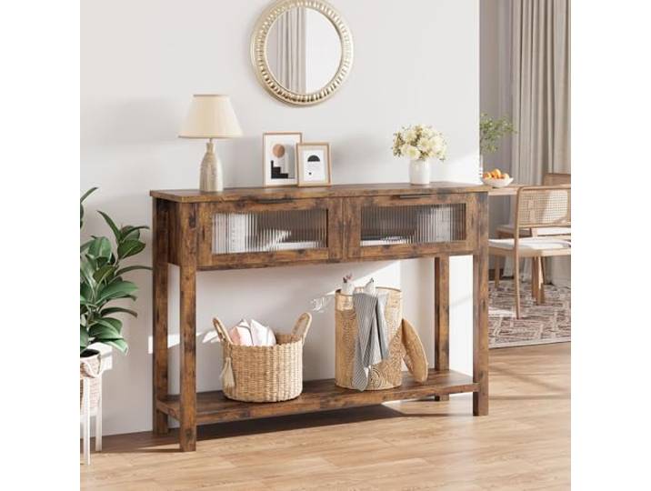 LuxFocus Schmaler Konsolentisch Landhaus mit Glasfront-Schubladen 2-stufiges Regal und Glasfront-Schubladen bieten praktischen Stauraum für Wohnzimmer, Flur und Eingangsbereiche