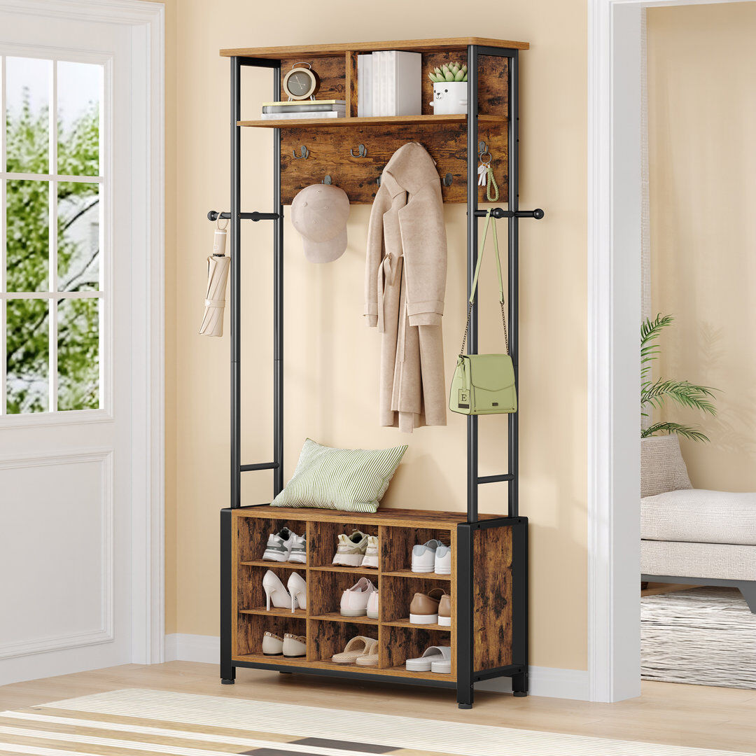 Borough Wharf Coat Rack with Shoe Storage, Hall Tree with Bench, Coat Stand with 11 Open Compartments for Hallway, Adjustable Shelves, 11 Hooks, Top Storage for Liv Brown 186cm H X 87cm W X 31cm D