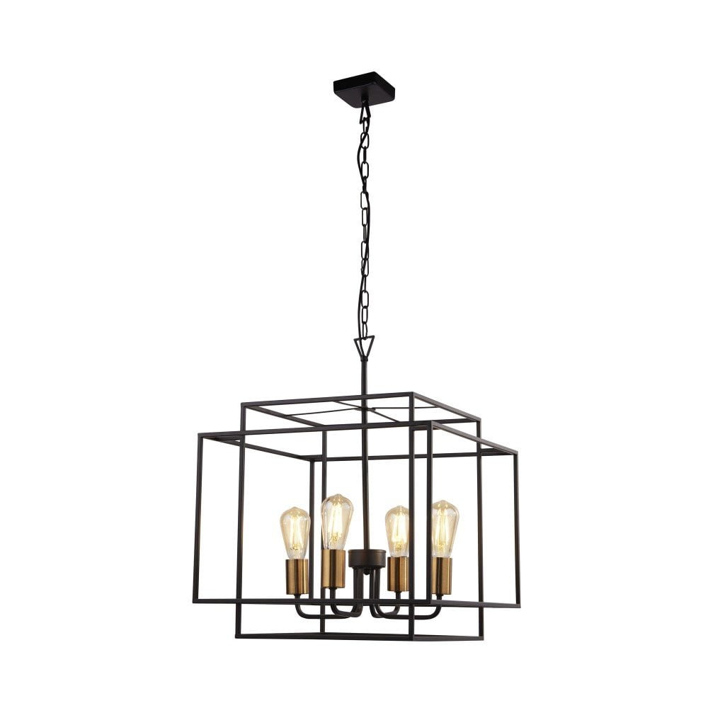 Searchlight Crate hanglamp 4-lichts zwart en goud/messing