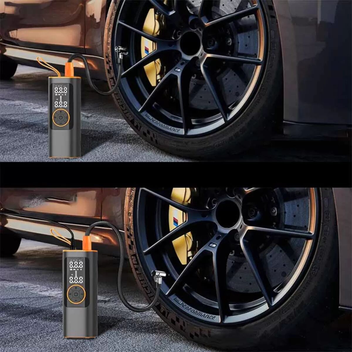 INF Kabelloser Reifenfüller für Auto - Orange   25l/min, 150psi, digitales Manometer, 6000mah Powerbank und LED-Notlicht