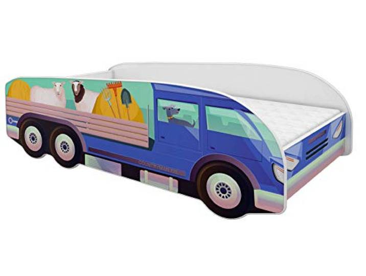 ACMA Kinderbett LKW Truck 160x80 cm Autobett Juniorbett für Kinder mit Matratze und Lattenrost, Spielbett mit Rausfallschutz, Kinderzimmer Bettmöbel, Design 05 Landwirtschaftlicher LKW