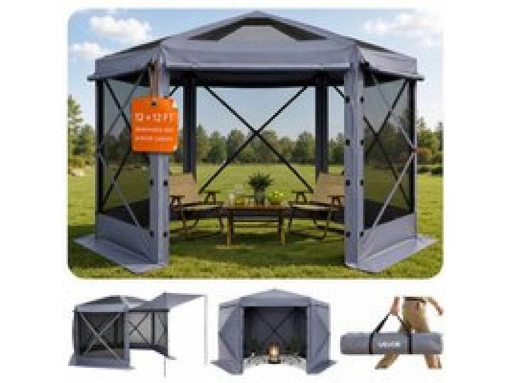 VEVOR Tente Moustiquaire Tonnelle Pop-up 3,6x3,6 m Tente Moustiquaire Pliante 8-10 Personnes Abri Solaire 6 Côtés pour Camping en Famille Terrasse Jardin, avec Toit Amovible, Sac de Transport, Gris