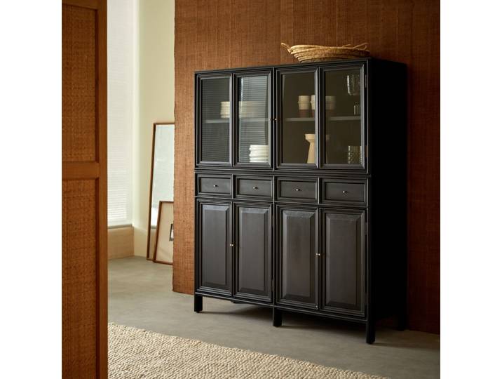 Anna - Geschirrschrank hoch mit Glas und Volltüren aus Mindi 120 cm - Schwarz