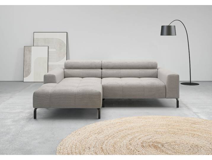 Ecksofa, Feincord, Grau 223×179 cm, Elektrische Kopfteilverstellung, Modern, Home-affaire