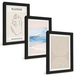 BILDER SET 3er Set - 20x30 cm Schwarzer Rahmen - Linien, Wellen, pastellfarbener Minimalismus