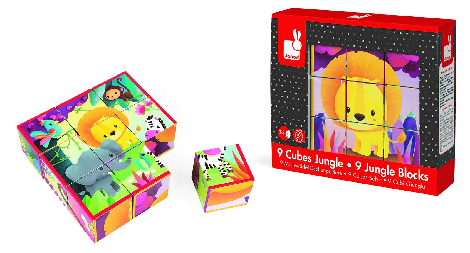 Janod Blokpuzzel Dieren van de jungle - 9 kartonnen blokken - Educatief speelgoed