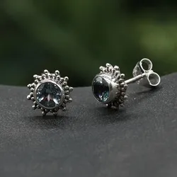 Drachensilber Zeitlose Ohrstecker Blauer Topas Facettiert Damen Ohrring 925 Silber (Paar) - Silber;Blau