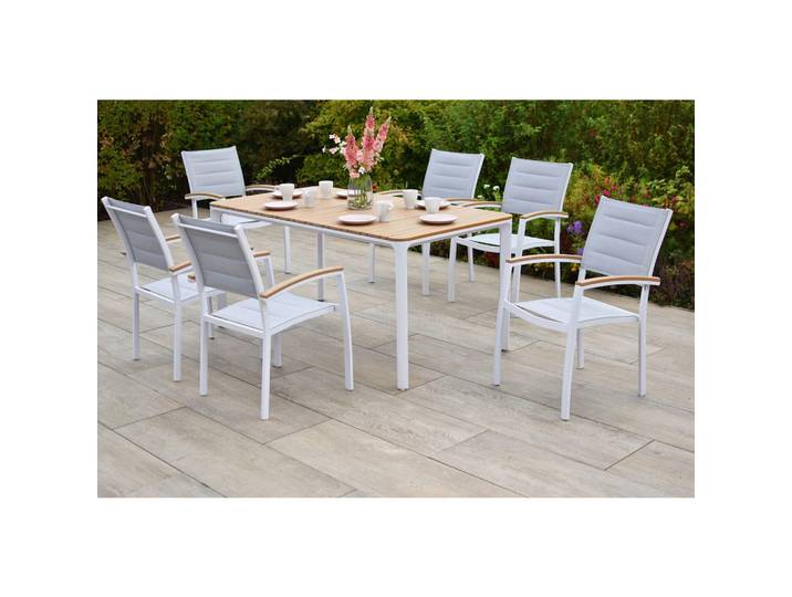 Gardenson Gartentischgruppe Pisa, Grau, Naturfarben, Weiß, Metall, Kunststoff, rechteckig, eckig, Gartenmöbel, Gartengarnituren, Gartenmöbel-Sets