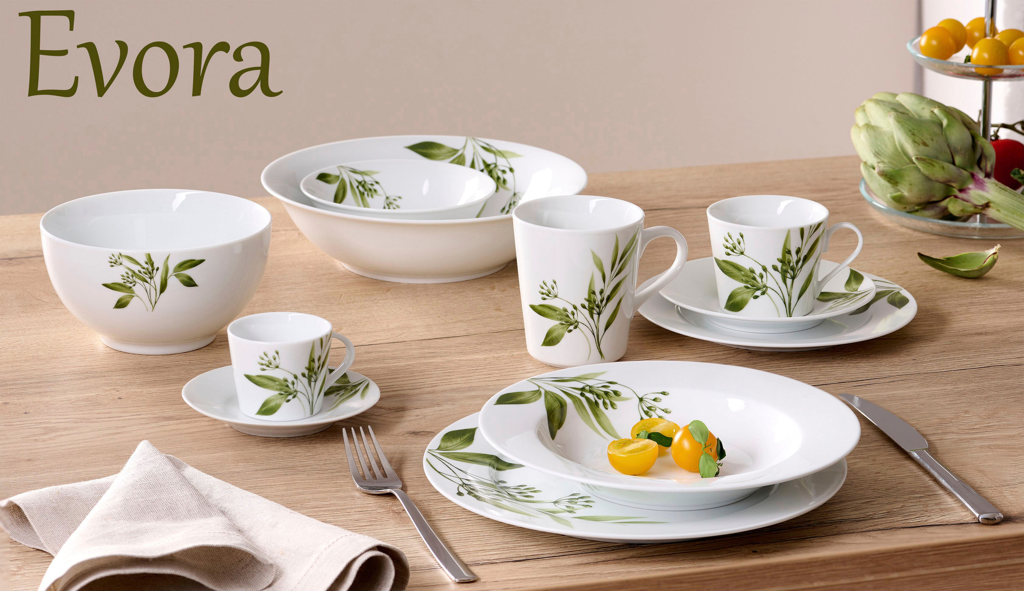 Milch- und Zuckerset RITZENHOFF & BREKER "Evora", grün, 2 Stk., Porzellan, Geschirr-Sets, Milch- und Zuckerset, Geschirr-Set mit Botanik-Motiv grün 2 Stk.