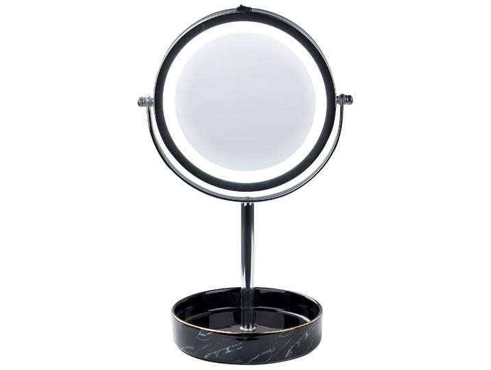 BELIANI Kosmetikspiegel mit LED-Beleuchtung Silber u. Schwarz ø 20 cm aus Eisen u. Keramik Doppelseitig Vergrößerungsspiegel Schminkspiegel
