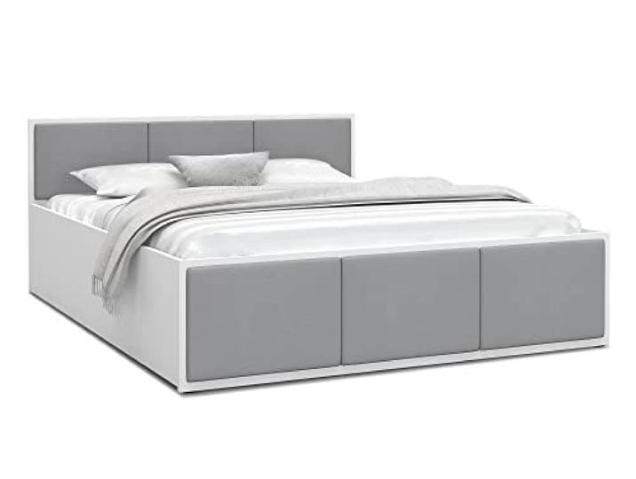 FurnitureByJDM Bett 120x200 mit Stauraum & Gepolsterte Einsätze Doppelbett mit Bettkasten und aufklappbarem Lattenrost – Stauraumbett mit Liftfunktion PANAMA (Weiß/Graue Einsätze)